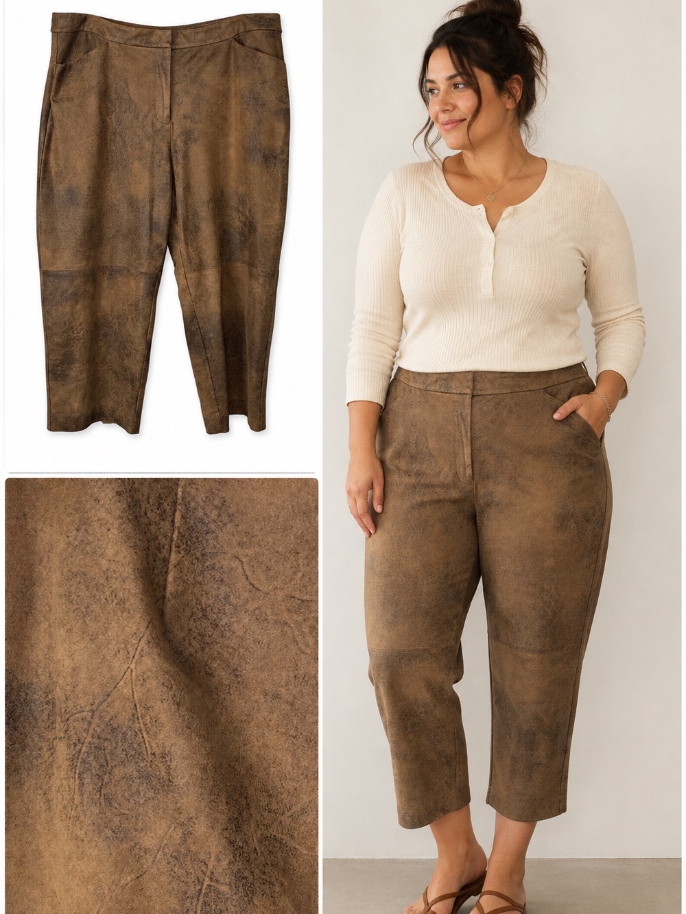 Chicos Brown Suede Crop Pants Womens Size 16 Distressed High Rise Indie Cowgirl